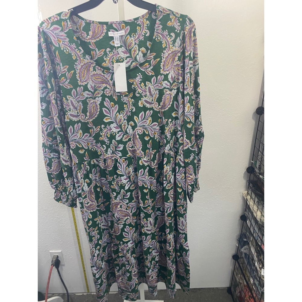 Canyon Retreat Womens 2X Green Paisley Floral Long Sleeve Tiered Midi Dress NWT